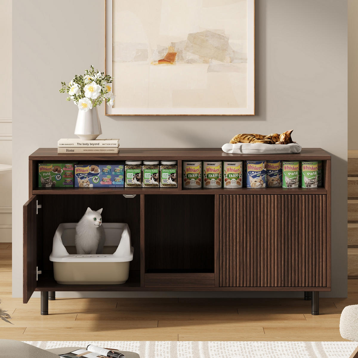 SIDEBOARD Nussbaumfarben aus MDF 120×50×66cm als Katzentoiletten-Schrank mit Sandauffangmatte und Ablagefächern - Nussbaumfarben, Holzwerkstoff (50/66/120cm) - Luhomfu