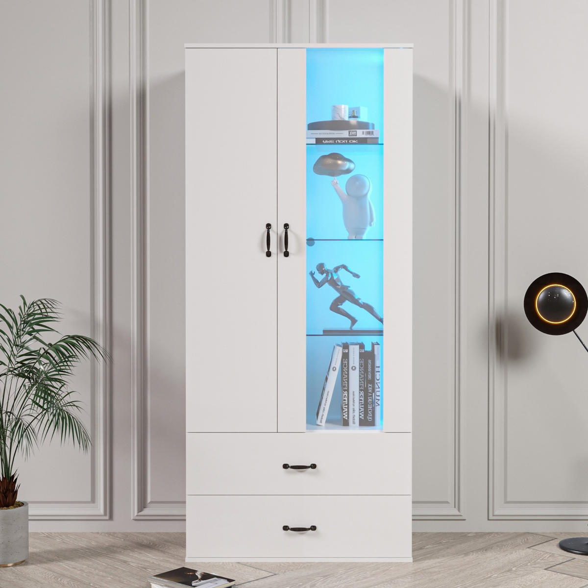 VITRINE LED-Schrank mit 2 Türen,Buffetschrank,Weiß - Weiß, Holz (59.5/182/35cm) - LVHOM