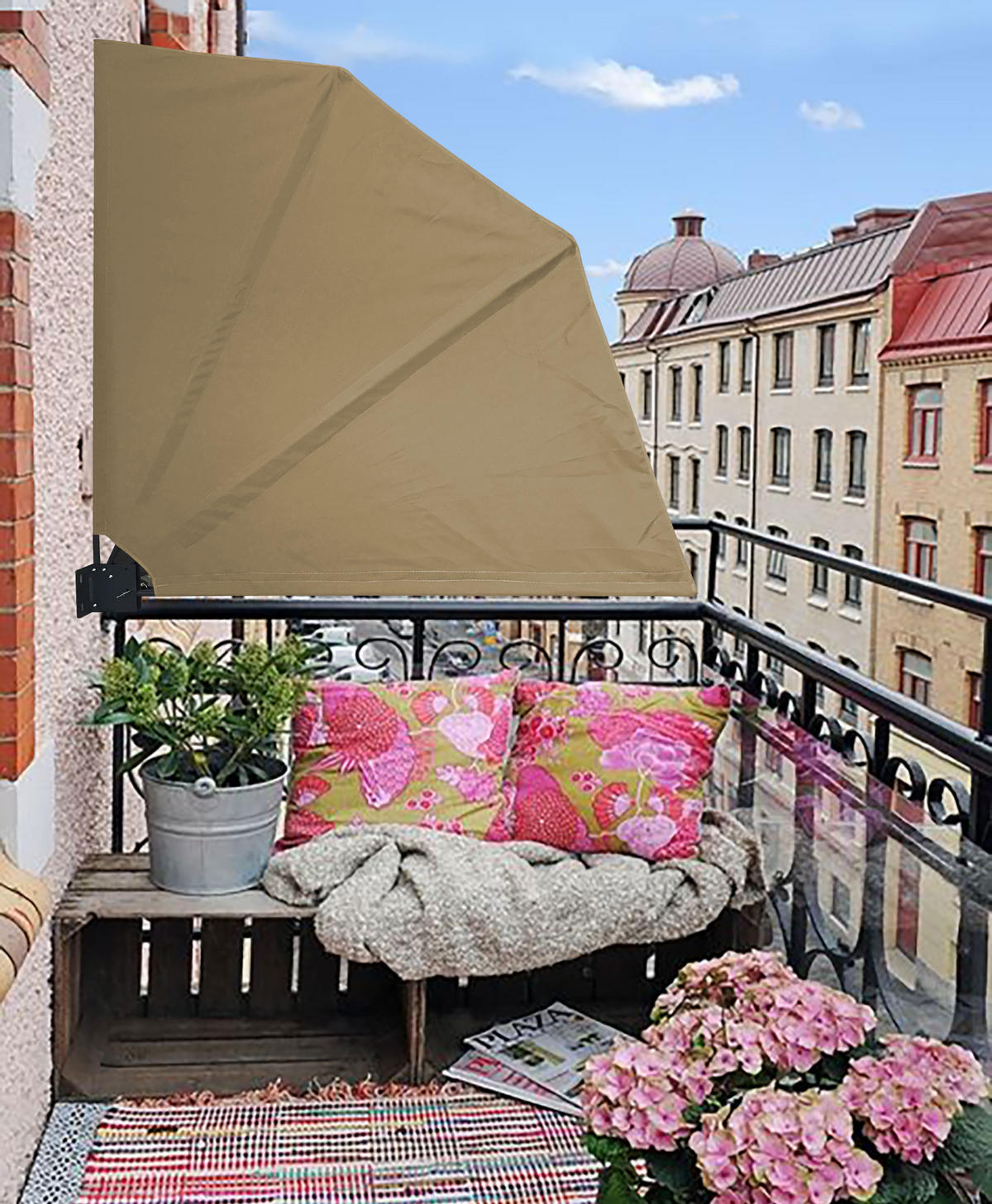 SICHTSCHUTZFÄCHER 2er Set 140x140 cm Beige mit Easy Mount Wandplatte - Beige, Metall (2/140cm) - QUICK STAR