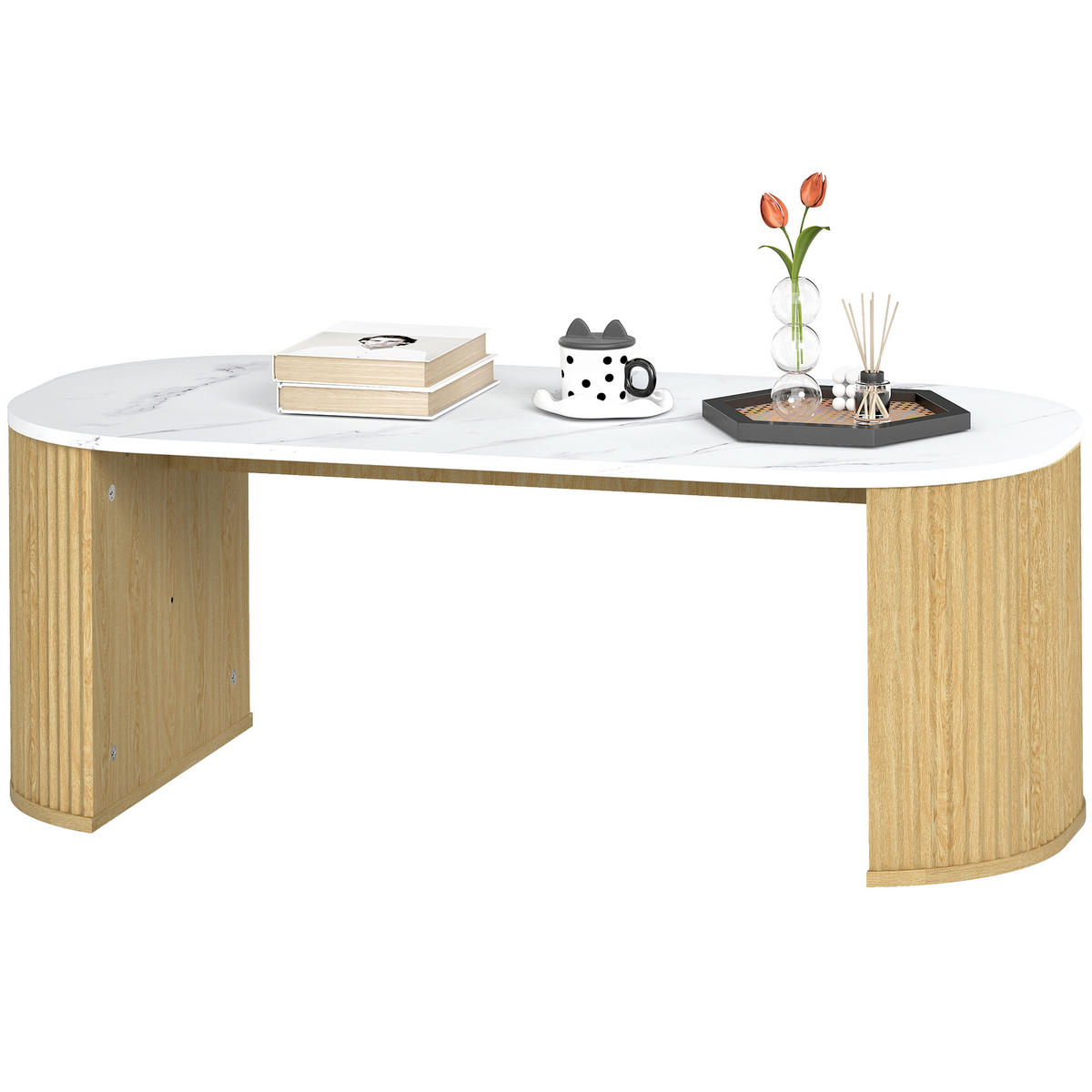 COUCHTISCH DE-15797 oval mit Marmoroptik Weiß - Naturfarben, Holzwerkstoff (110/50/40cm) - ComfortXL