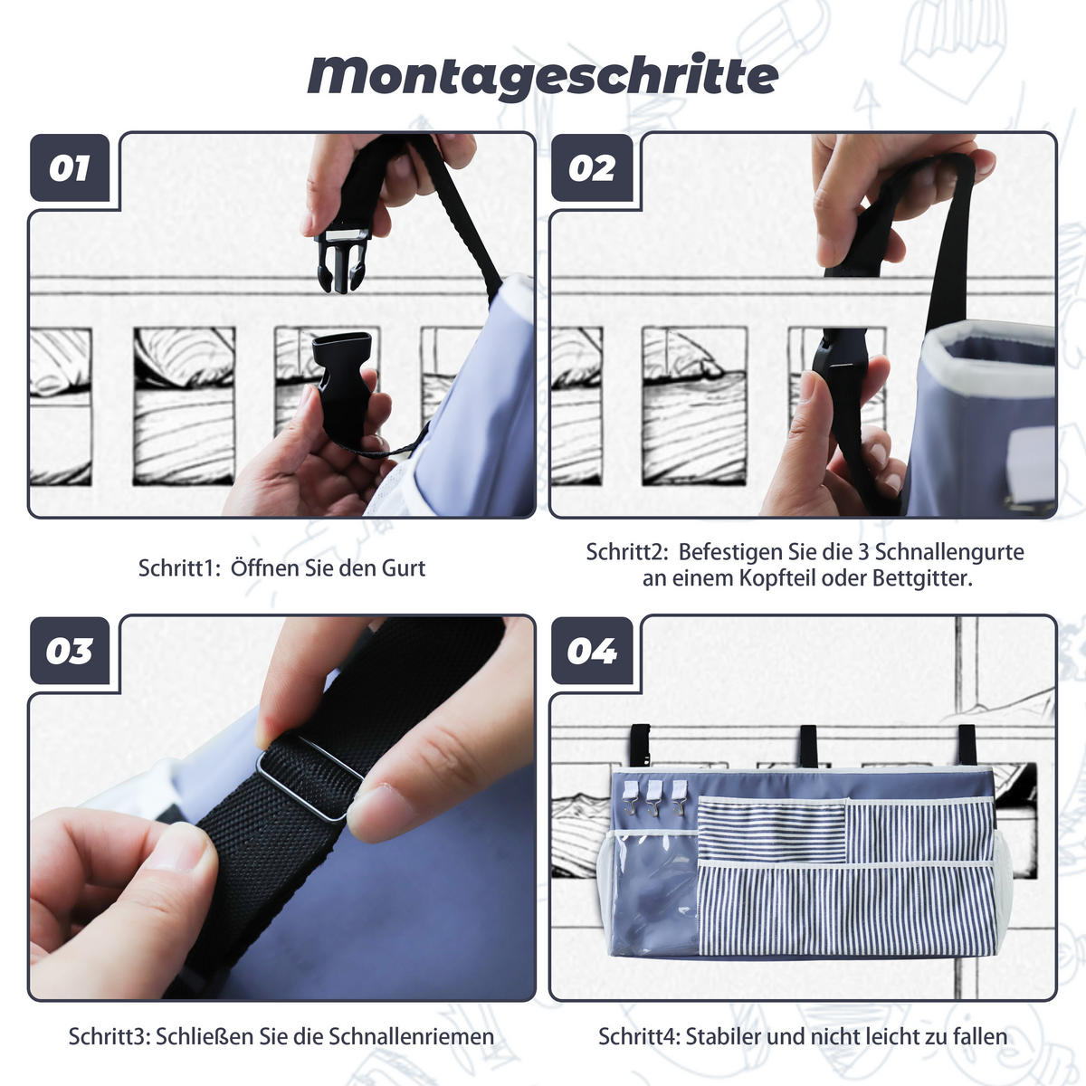 NACHTTISCH-AUFBEWAHRUNGSTASCHE zum Aufhängen extra groß - Blau/Weiß, Textil - Vercart