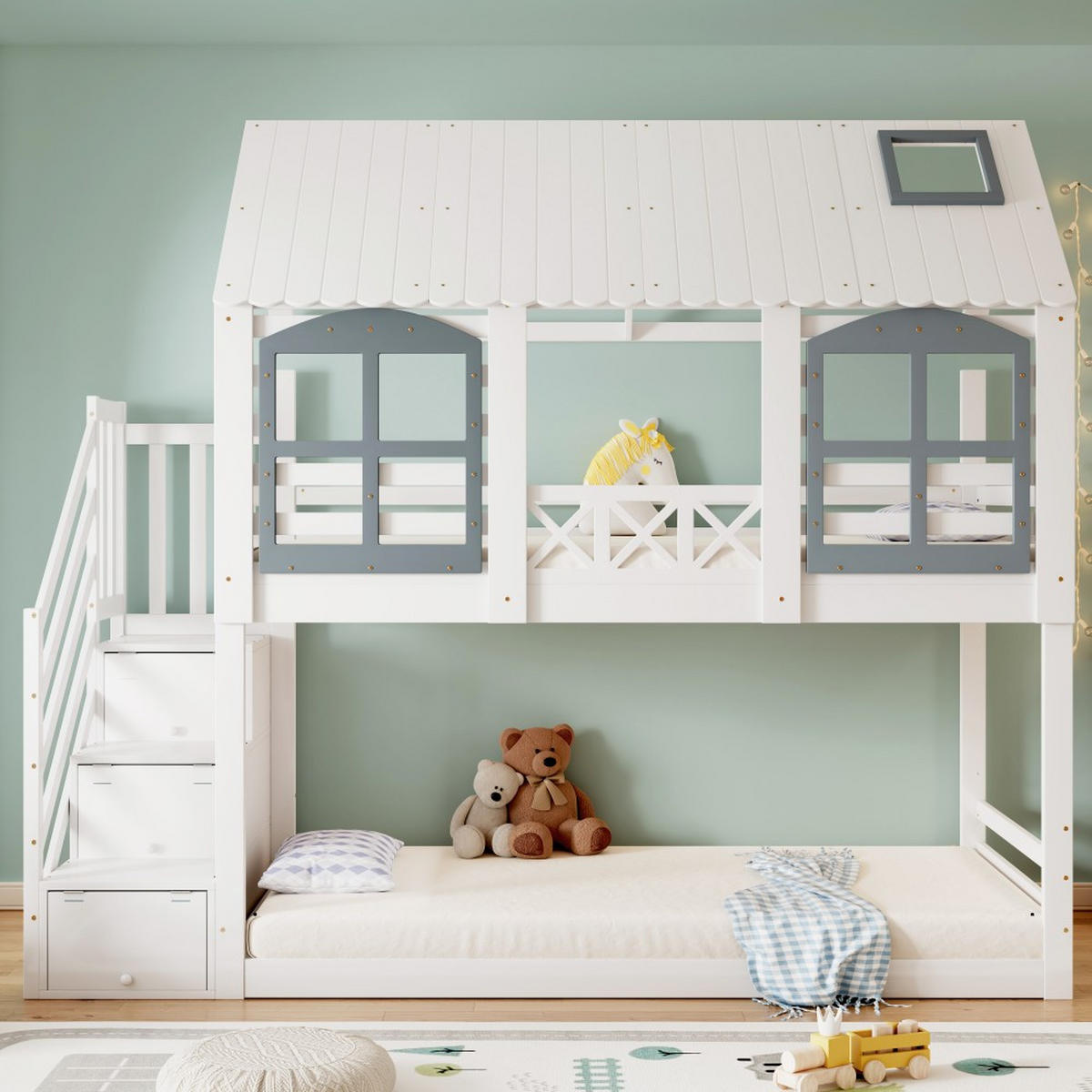 HAUSBETT 90x200cm in Weiß mit 3 Schließfächer - Weiß, Holz (90/200cm) - KOMHTOM