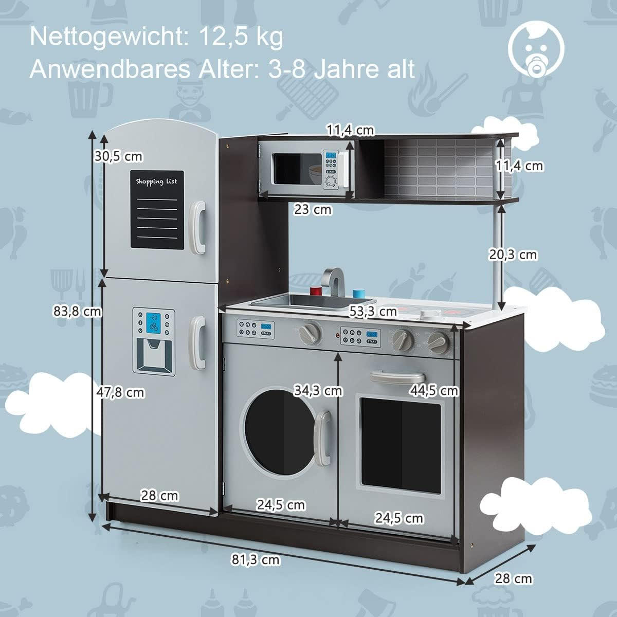 KINDERKÜCHE Aus Holz Grau - Grau, Holz (28/84/81cm) - COSTWAY