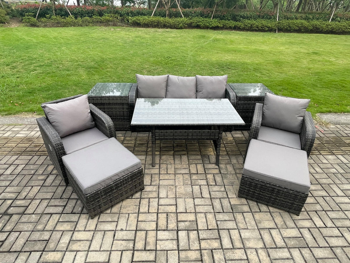 GARTENSET mit 3-Sitzer-Sofa,Hockern,Esstisch Polyrattan 7-Sitzer - Dunkelgrau/Grau, Glas/Kunststoff - Fimous