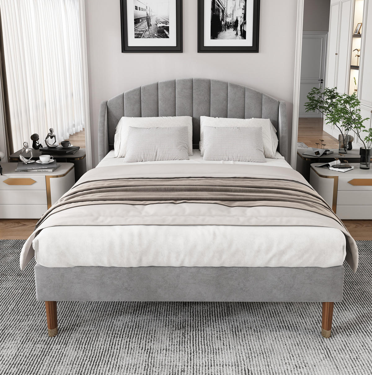 POLSTERBETT aus Samt 140x200 cm in Grau mit Lattenrost & Kopfteil - Grau, Textil (140/200cm) - Modfu