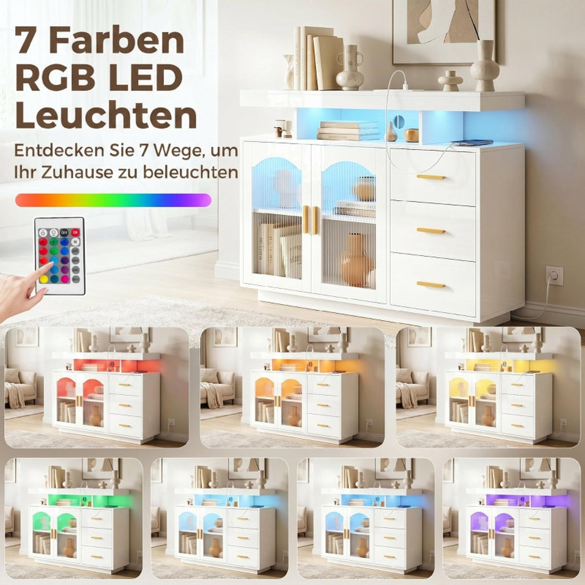 SIDEBOARD DE-38799 150 cm LED-Beleuchtung und 3 Schubladen Hochglanz Weiß/Gold - Weiß, Holzwerkstoff (100/80/35cm) - ComfortXL