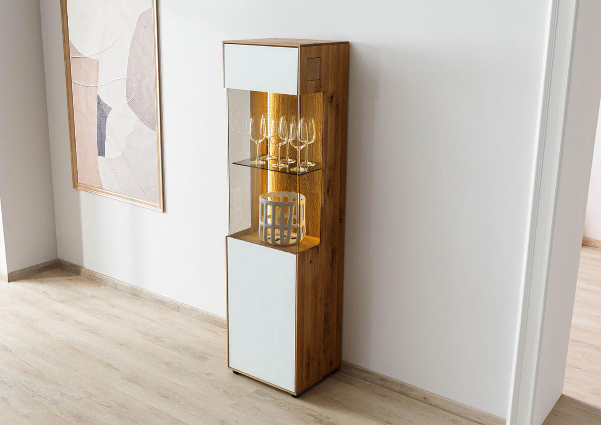 VITRINE Wildeiche 45x38x168 natur geölt / Glas weiß WIEN #130 - Braun, Holz (45/168/38cm) - Massivmoebel24