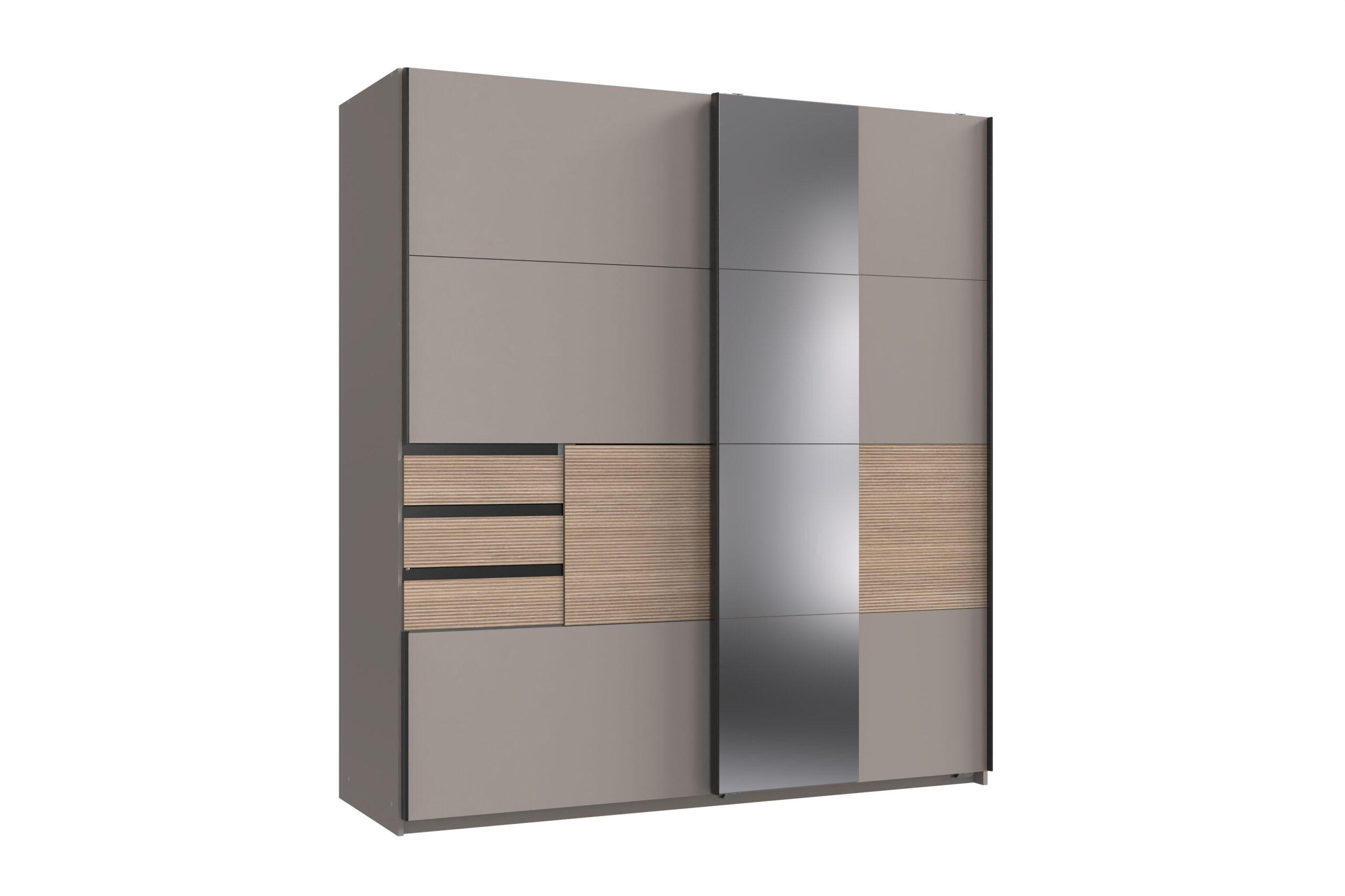 KLEIDERSCHRANK Bremen in Saharagrau mit Absetzungen in Multiplex 180 x 198 x 65 cm (B/H/T) – Schwebetürenschrank mit Spiegel - Braun/Sahara, Holzwerkstoff (180/198/65cm)