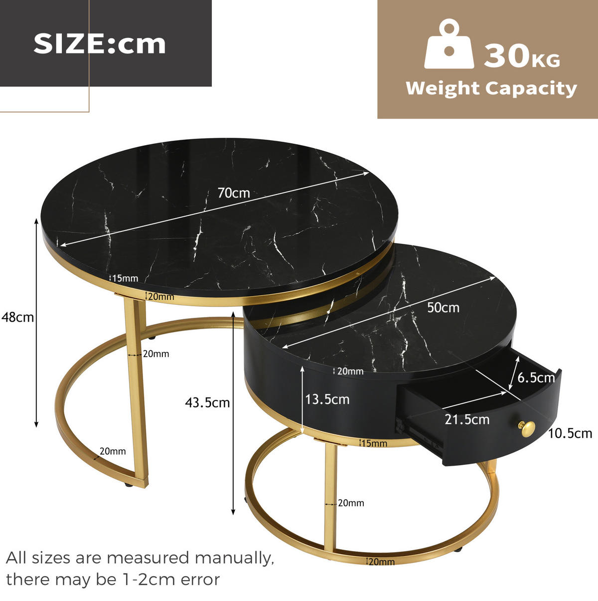 KLUBSKA miza, komplet 2 kosov, 70/70/48 in 50/50/43,5 cm, MDF črna z marmornim dekorjem - črna, leseni material (70/70/48cm) - BEAOK