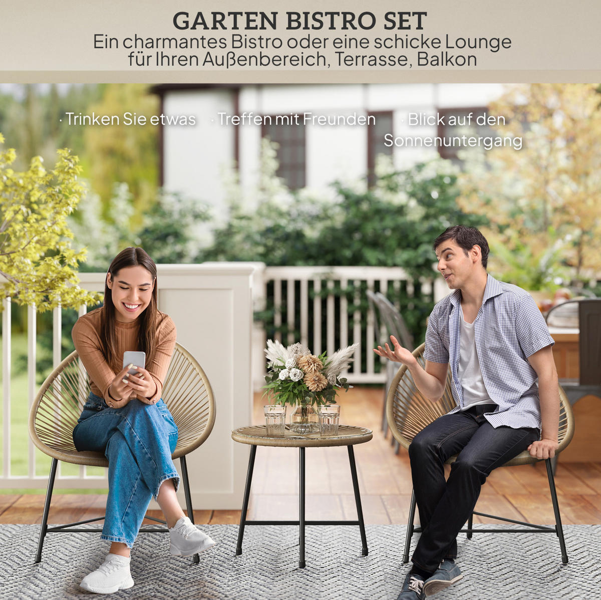 BALKONMÖBEL-SET 72/68/81 cm mit 2 Stühlen, Tisch, Glasplatte und Stahlgestell aus Rattan, Naturholz - Naturfarben, Naturmaterialien - Redom