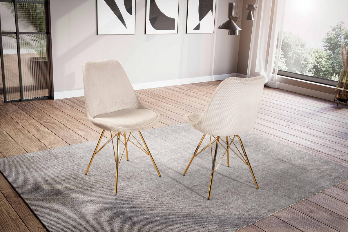 ESSZIMMERSTUHL 2er Set Cordstoff mit Metallgestell Schalenform Skandinavisch gepolstert, Beige 48x58x85 cm - Beige/Goldfarben, Textil/Metall (48/85/58cm) - KADIMA DESIGN