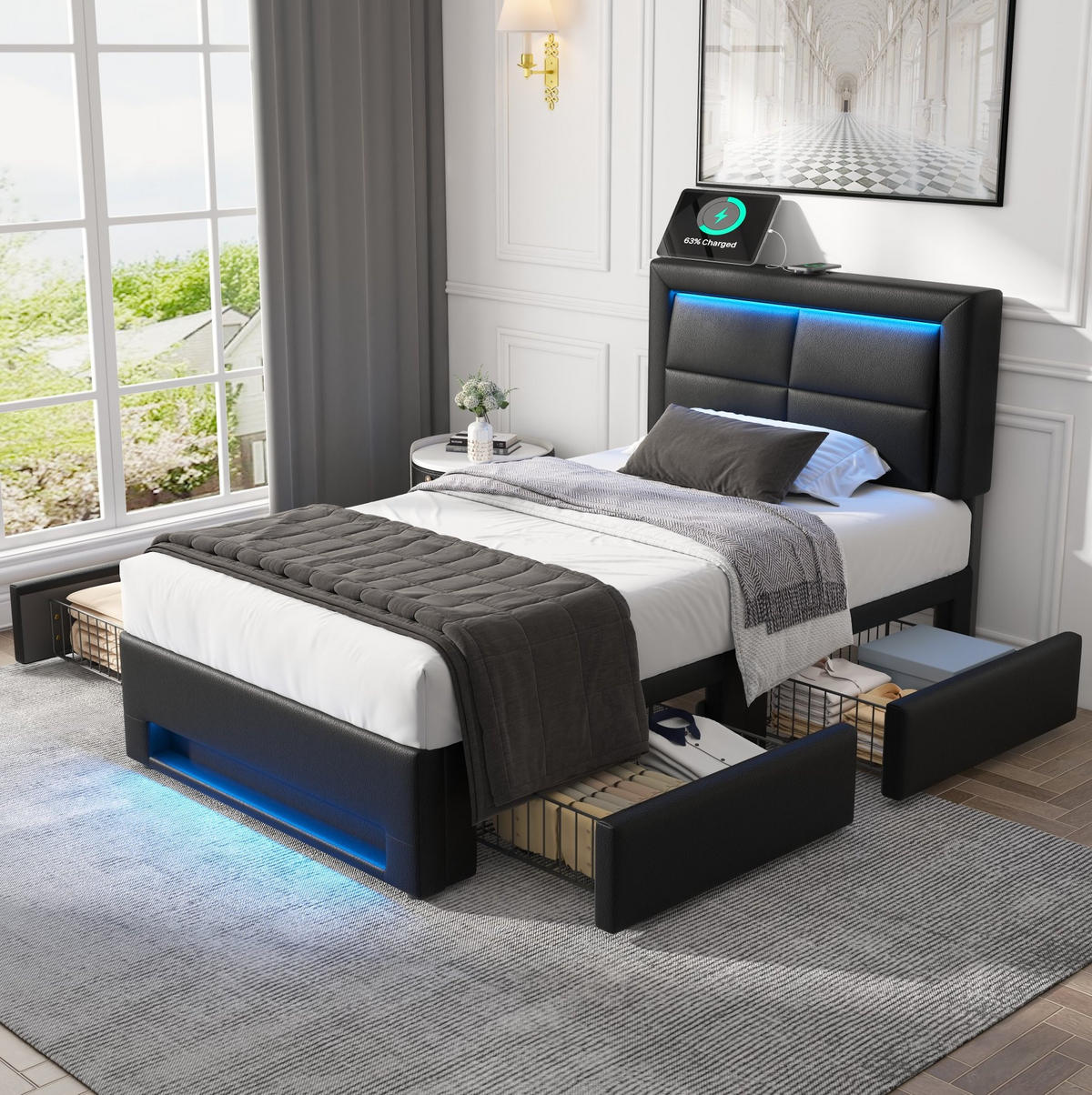 POLSTERBETT mit LED-Beleuchtung 90/200 cm mit 4 Schubladen & USB, Schwarz - Schwarz, Kunststoff (90/200cm) - BEAOK