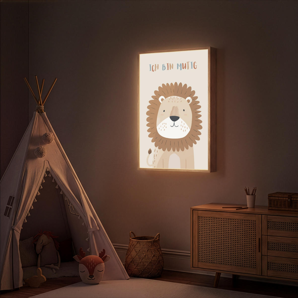 NACHTTISCHLAMPE MIT AKKU Löwe - Beige - Tier - Mutig - Zitat 60x90 cm - Beige, Holzwerkstoff (8/60/90cm) - OnlyWow