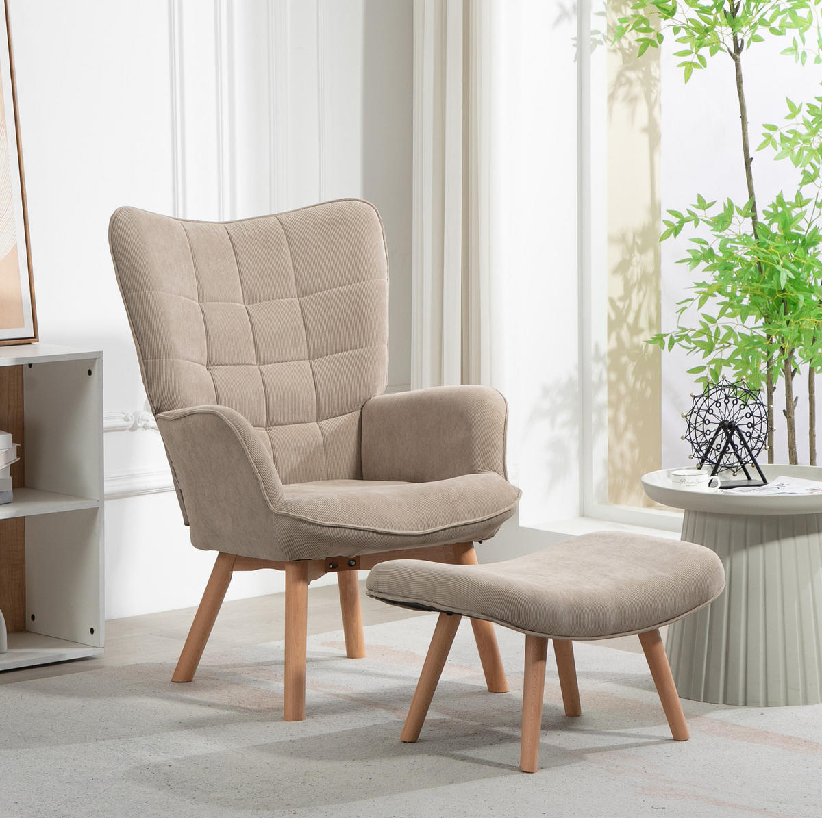 OHRENSESSEL 72/80/101 cm mit hoher Rückenlehne und Hocker in Khaki - Beige, Textil (72/101/80cm) - BEAOK