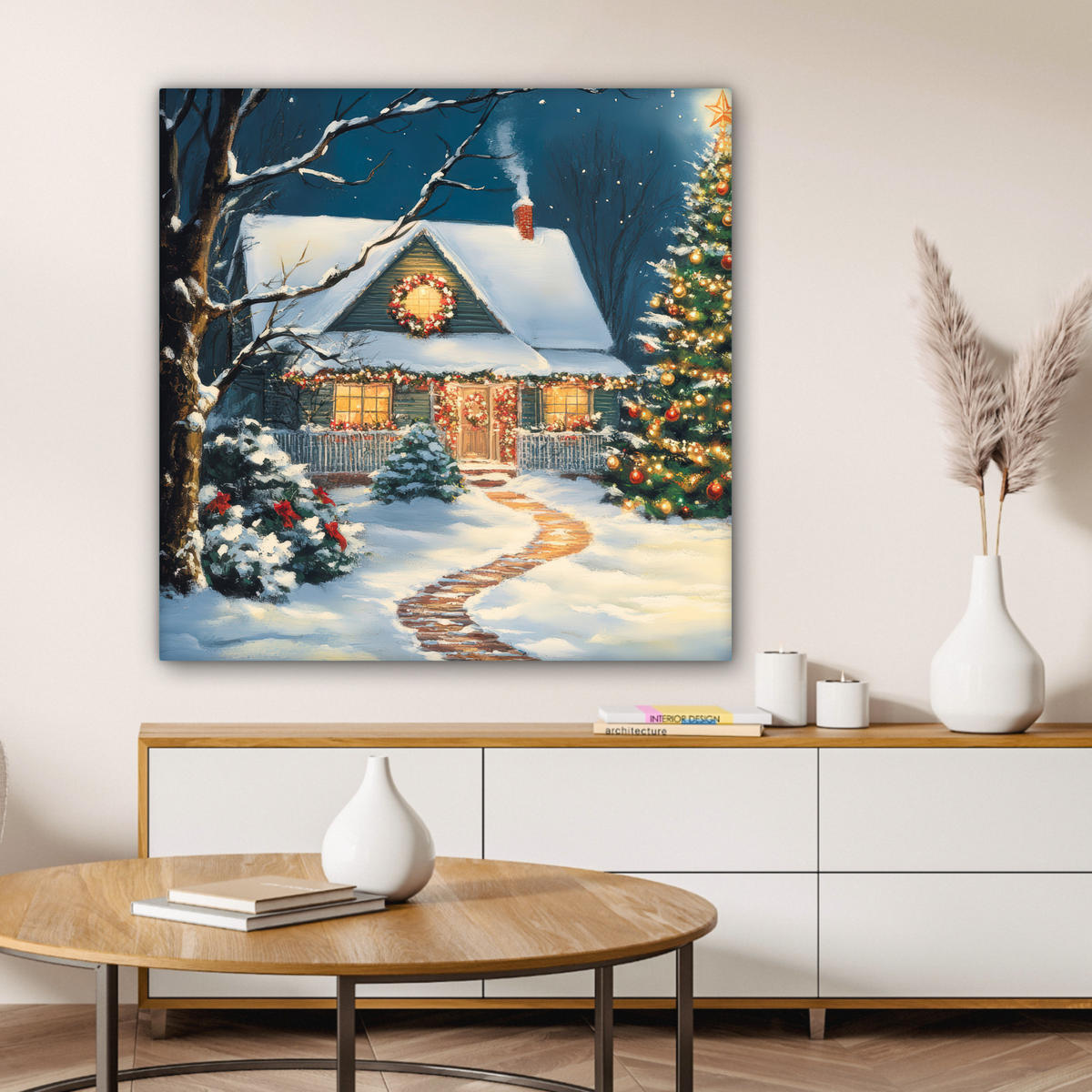 LEINWANDBILD Weihnachten - Weihnachtsbaum - Winter - Zuhause - Schnee Deko Groß 90x90 cm - Smaragdgrün, Textil (90/90cm) - MuchoWow