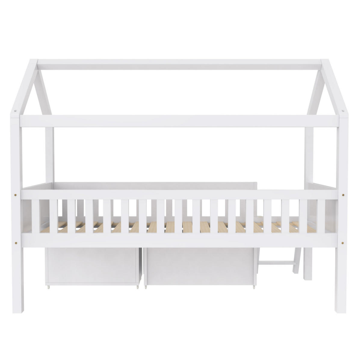 HAUSBETT 90/200 cm aus Kiefer massiv in Weiß – mit Satteldach, Treppe und Stauraum - Weiß, Holz (90/200cm) - BEAOK