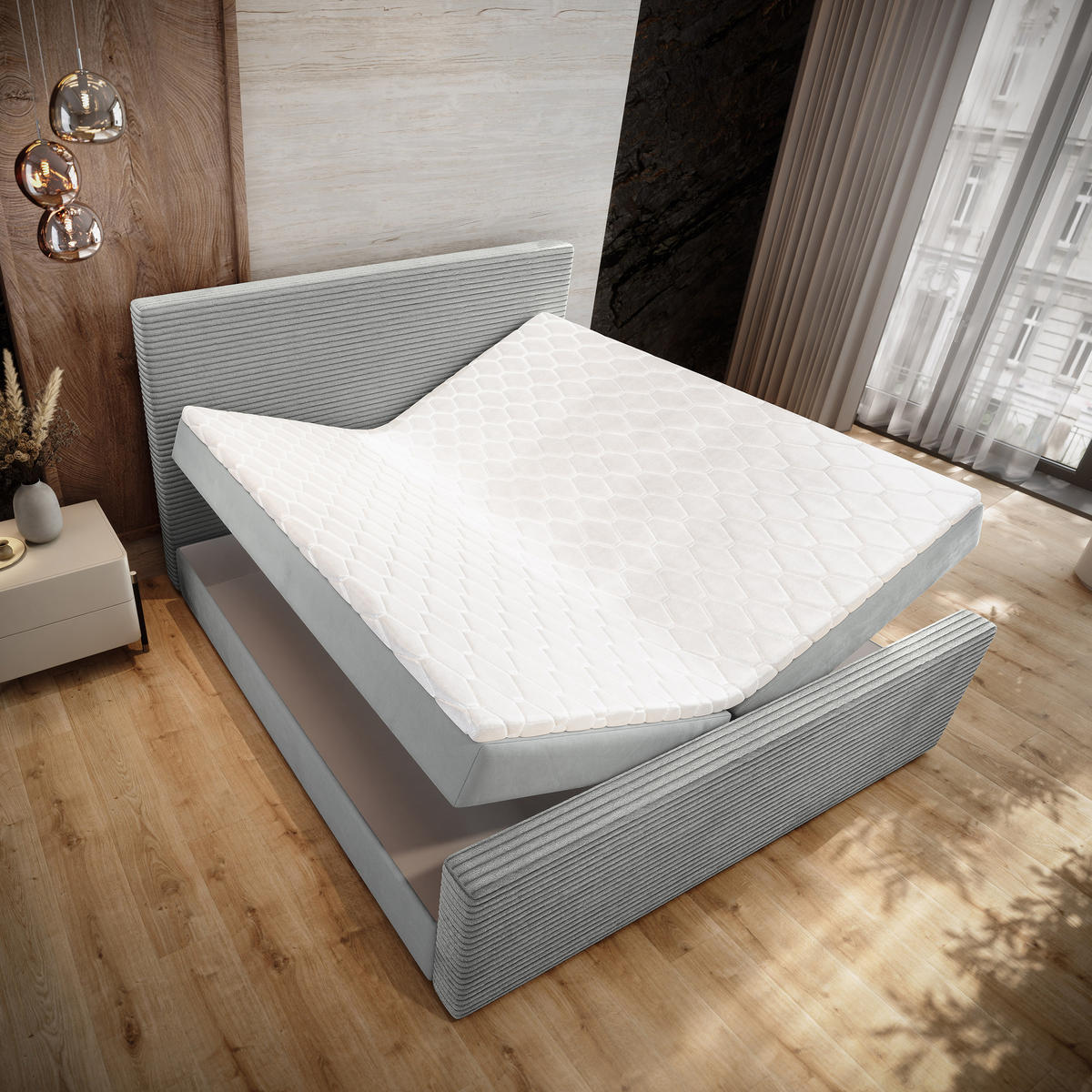 BOXBETT ALORIA 140x200 cm mit Matratze und Topper - Grau - Grau, Holz (140/200cm) - MASSENO