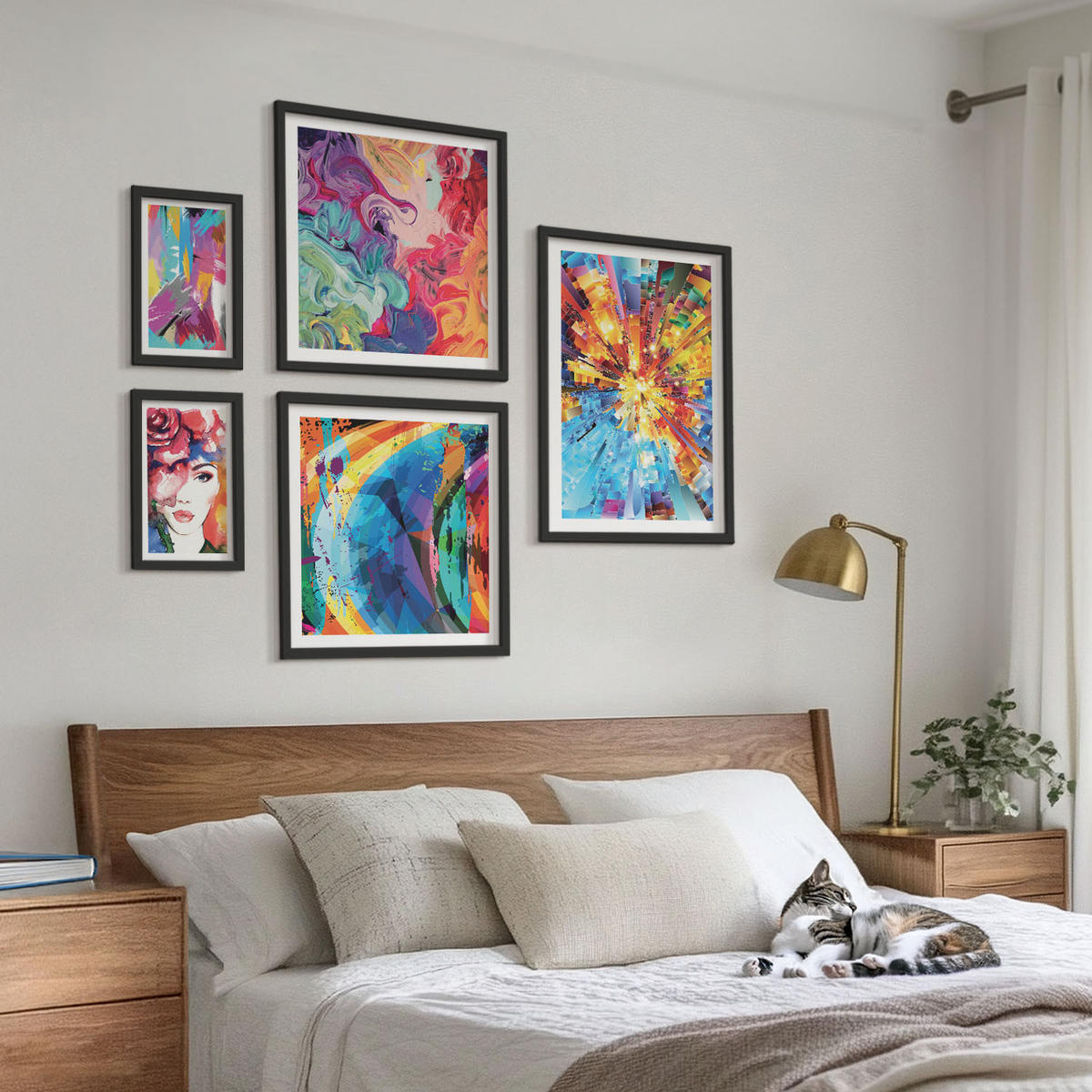 BILDER SET 5er Set - 50x50 cm & 20x30 cm & 40x60 cm Schwarzer Rahmen - Minimalistische Boho-Illustrationen - Schwarz, Kunststoff (40/60cm) - TULUP