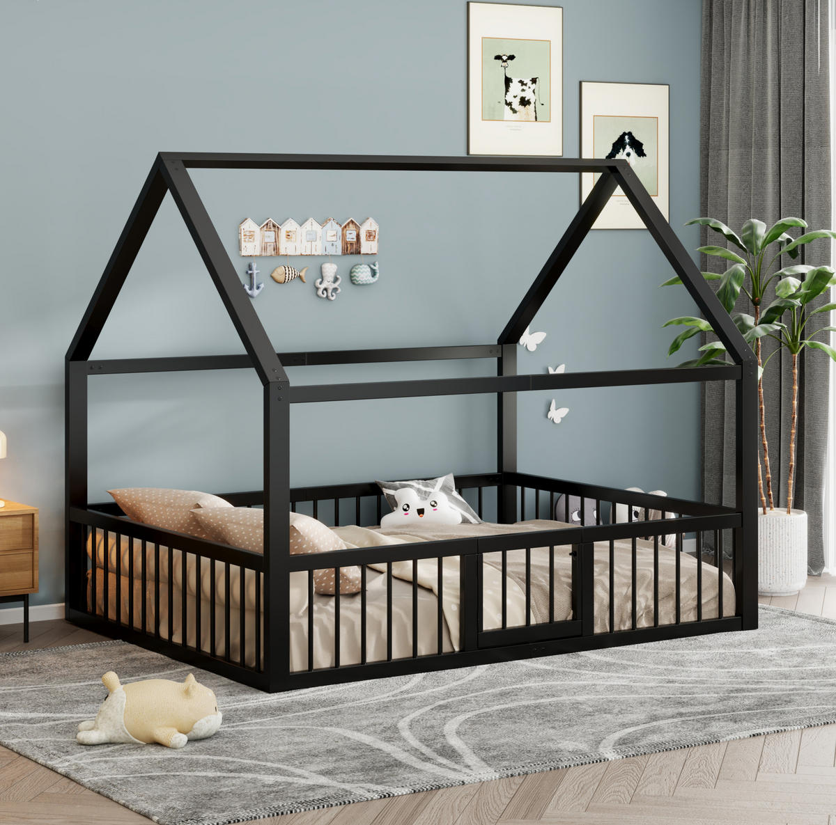 KINDERBETT 140/200 cm aus Metall mit Dachgestell, Sicherheitsgeländer und Tür, Schwarz - Schwarz, Metall (140/200cm) - Redom