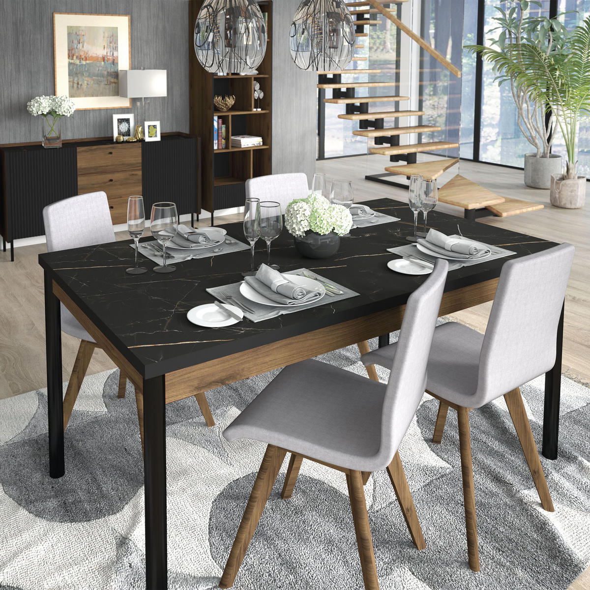 ESSTISCH Piano, Ausziehbarer Tisch 160/240, Mattschwarz + Warmia-Nussbaum - Dunkelbraun/Schwarz, Holzwerkstoff (90/160/77cm) - Beautysofa