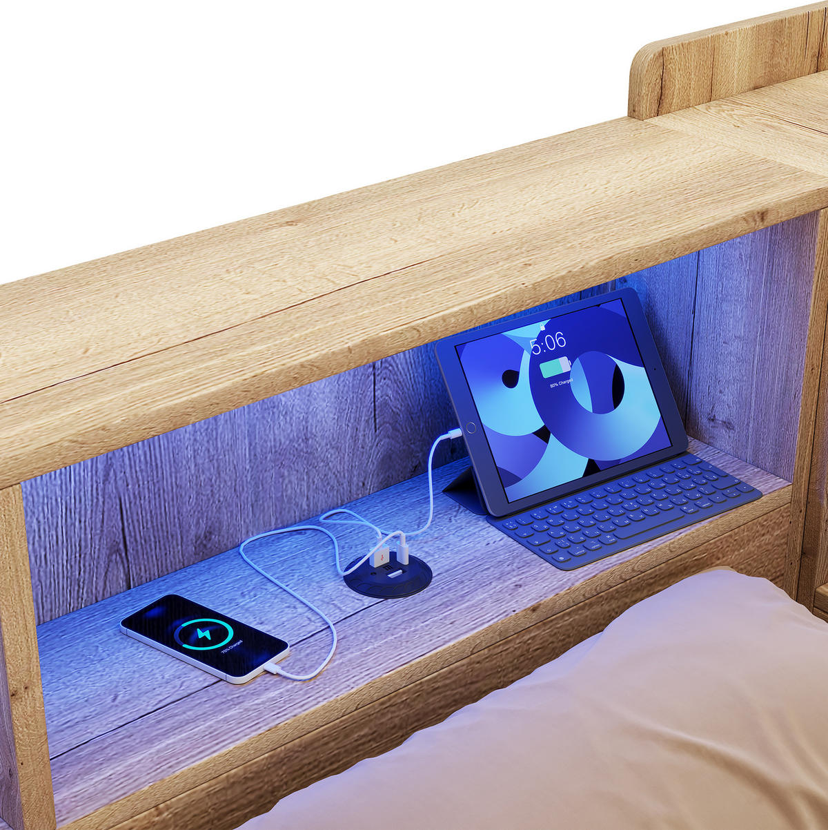 KINDERBETT aus MDF 140x200 cm Natur mit LED-Beleuchtung, USB-/Type-C-Anschluss, Schreibtisch und Stauraum - Naturfarben, Holzwerkstoff (140/200cm) - Modfu