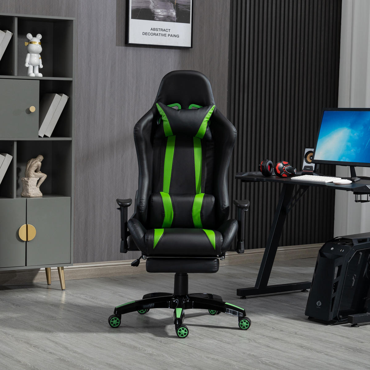 GAMINGSTUHL mit Fußraste Kunstleder Schwarz/Grün - Grün, Textil (75/135/75cm) - SVITA