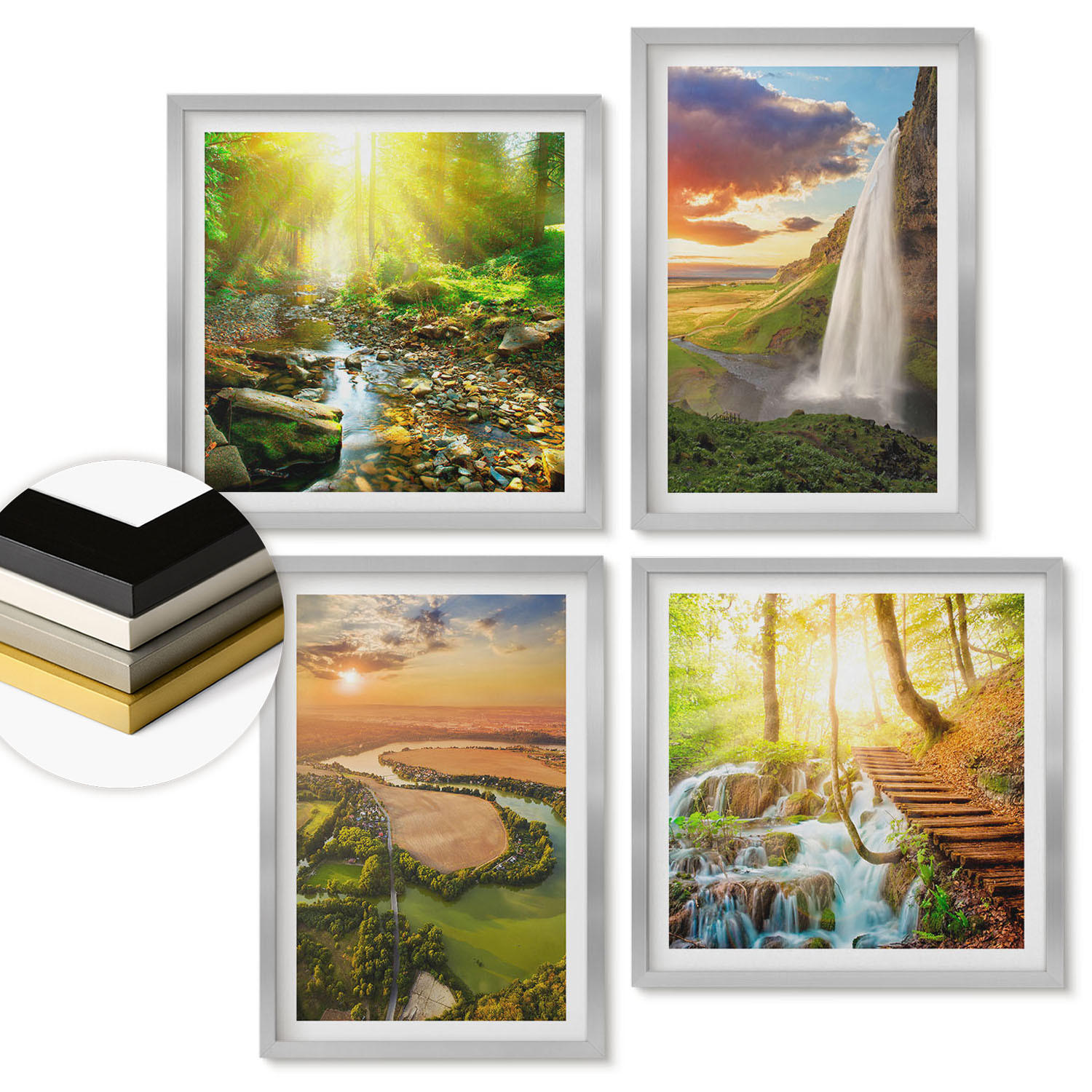 WANDBILDER 4er Set - 50x50 cm & 40x60 cm Silberner Rahmen - Orange Mountain Wasserfall - Silberfarben, Kunststoff (50/50cm) - ArtPrintCave