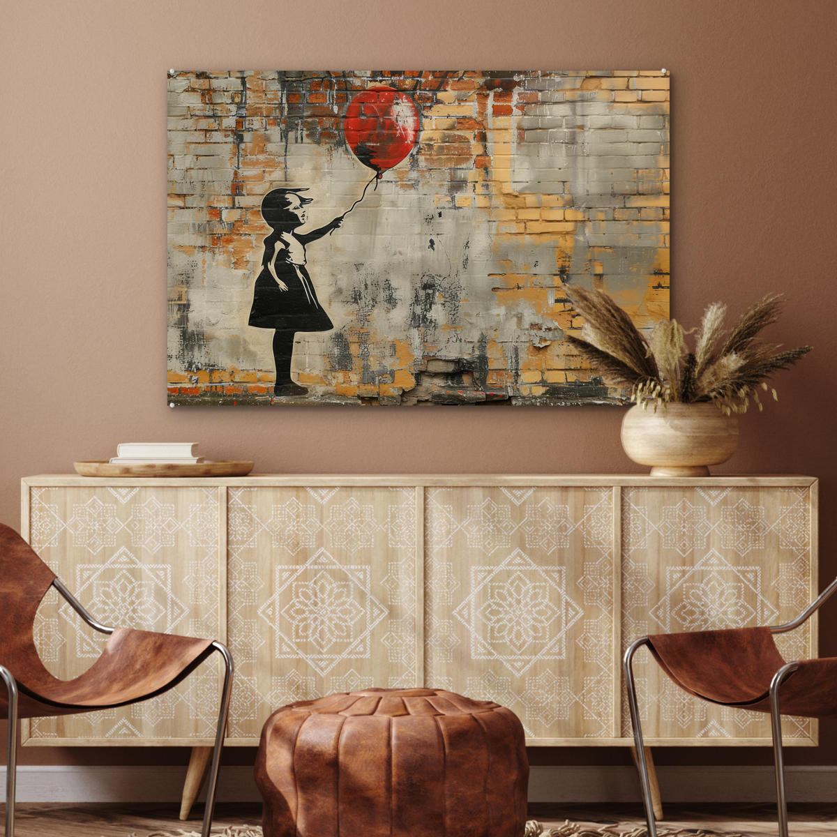 ACRYLGLASBILD Graffiti - Banksy - Mädchen - Straßenkunst 90x60 cm - Sandfarben, Glas (90/60cm) - MuchoWow