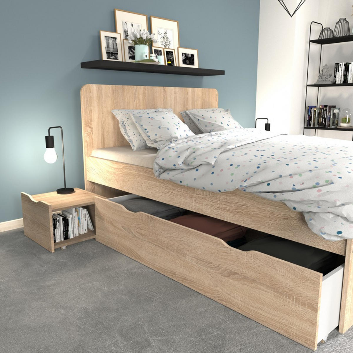 DOPPELBETT ZENIA / BETT 140x190 + 2 Konsolen + 2 Schubladen - Eiche gebleicht Dekor - Sonoma Eiche, Holzwerkstoff (140/190cm) - Weber Industries