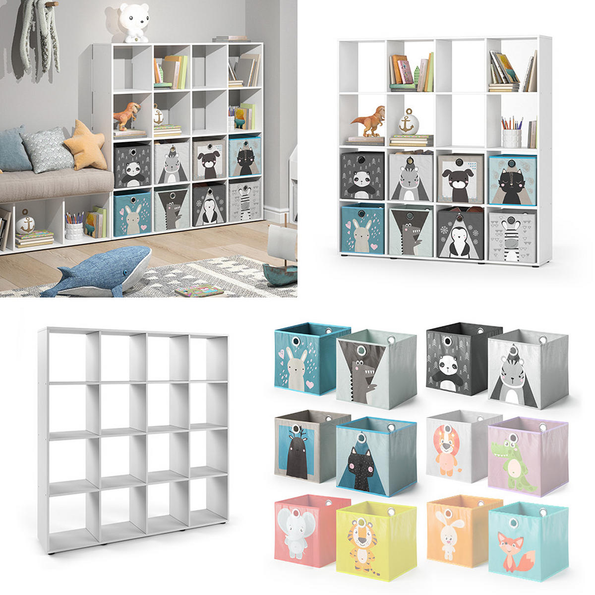 KINDERREGAL Karree Weiß 138.5 x 142.5 cm mit 8 Faltboxen - Weiß, Holzwerkstoff (138.5/142.5/29cm) - Vicco