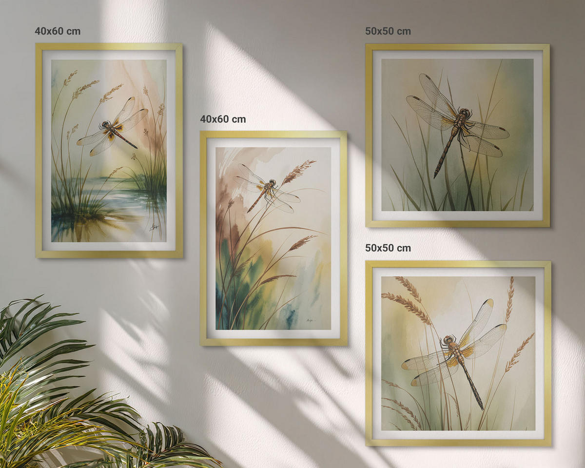 BILDER SET 4er Set - 50x50 cm & 40x60 cm Goldrahmen - Libellen im Gras, Wassermalerei - Goldfarben, Kunststoff (50/50cm) - TULUP