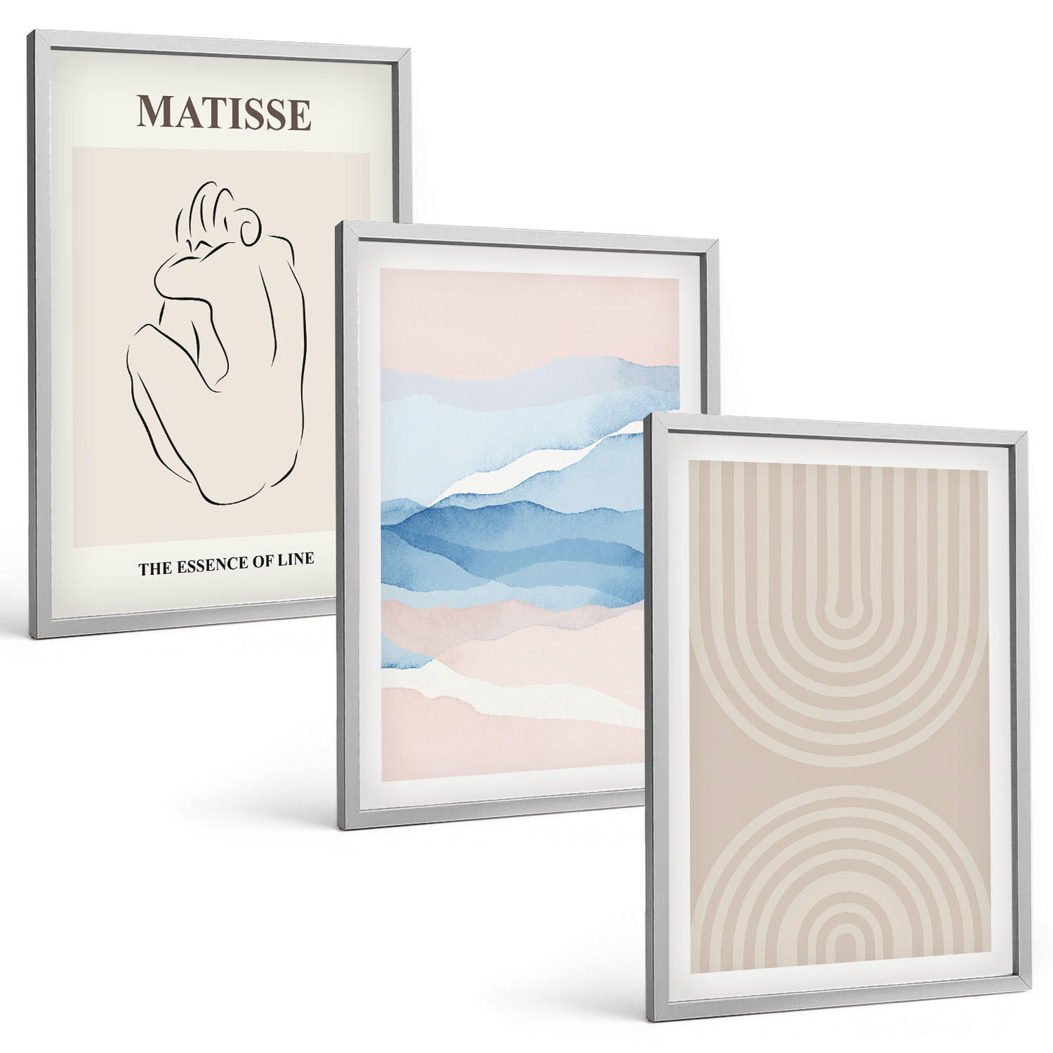 BILDER SET 3er Set - 40x60 cm Silberner Rahmen - Linien, Wellen, pastellfarbener Minimalismus - Silberfarben, Kunststoff (40/60cm) - TULUP