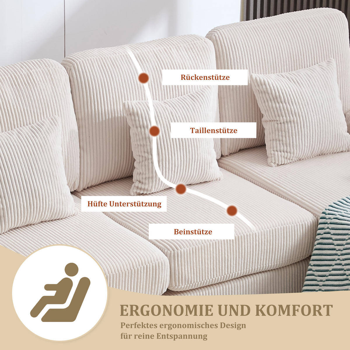 U-FORM Wohnlandschaft Samt mit LED und USB-Anschluss 265/135/88 cm Beige - Beige, Textil (135/88/265cm) - Redom