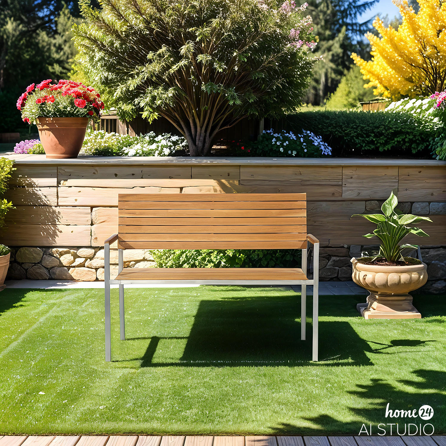 GARTENBANK - Teak massiv / Edelstahl - Silberfarben/Braun, Holz/Metall (114/86/55cm) - home24