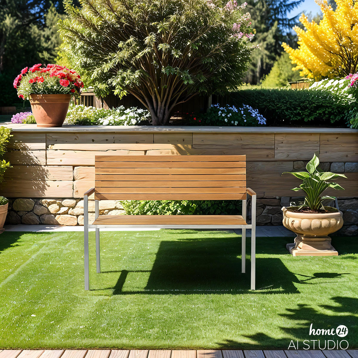 GARTENBANK - Teak massiv / Edelstahl - Silberfarben/Braun, Holz/Metall (114/86/55cm) - home24