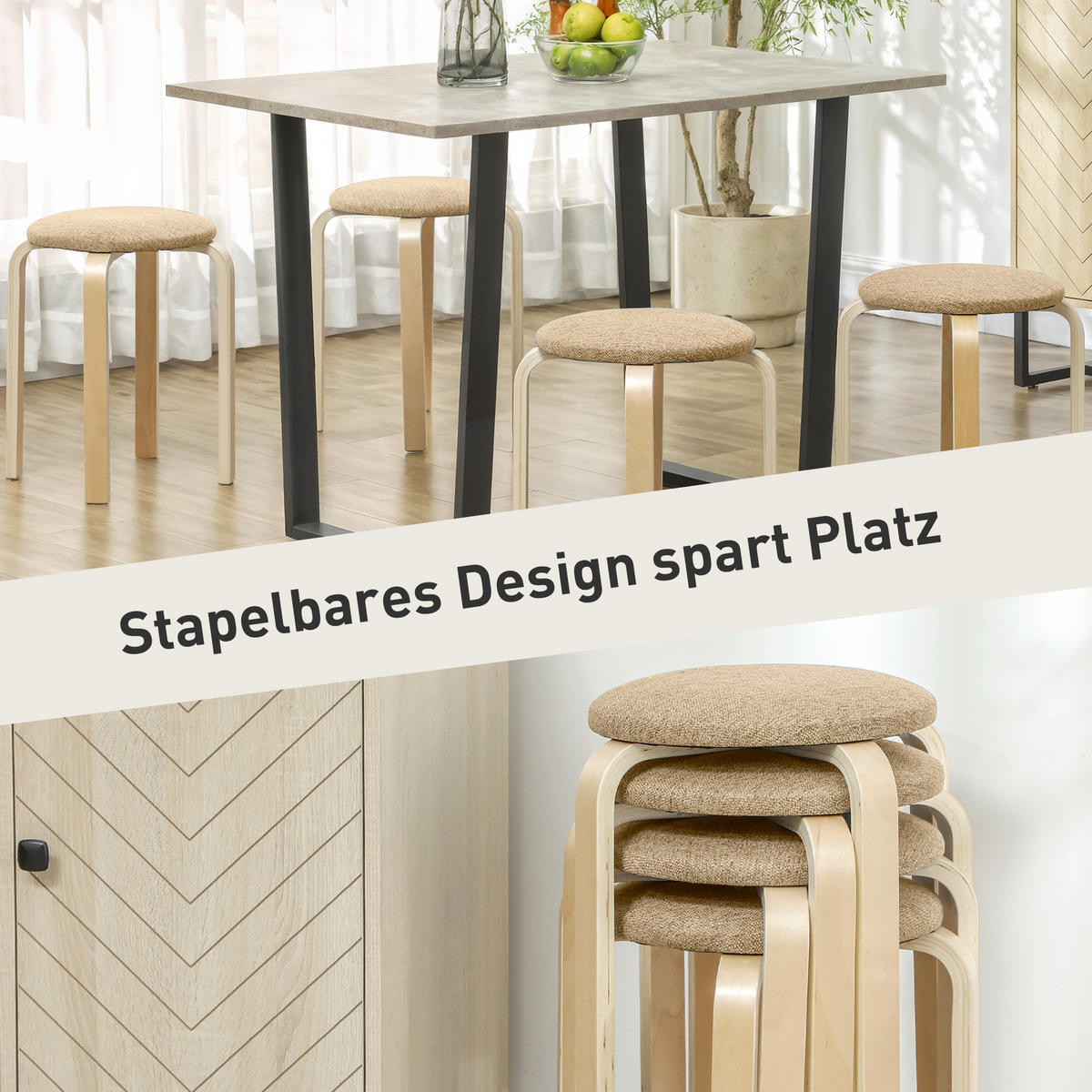 HOCKER 4er Set Holzwerkstoff Polyester Khaki - Naturfarben/Braun, Birkenholz/Holzwerkstoff (40/45/40cm) - HOMCOM