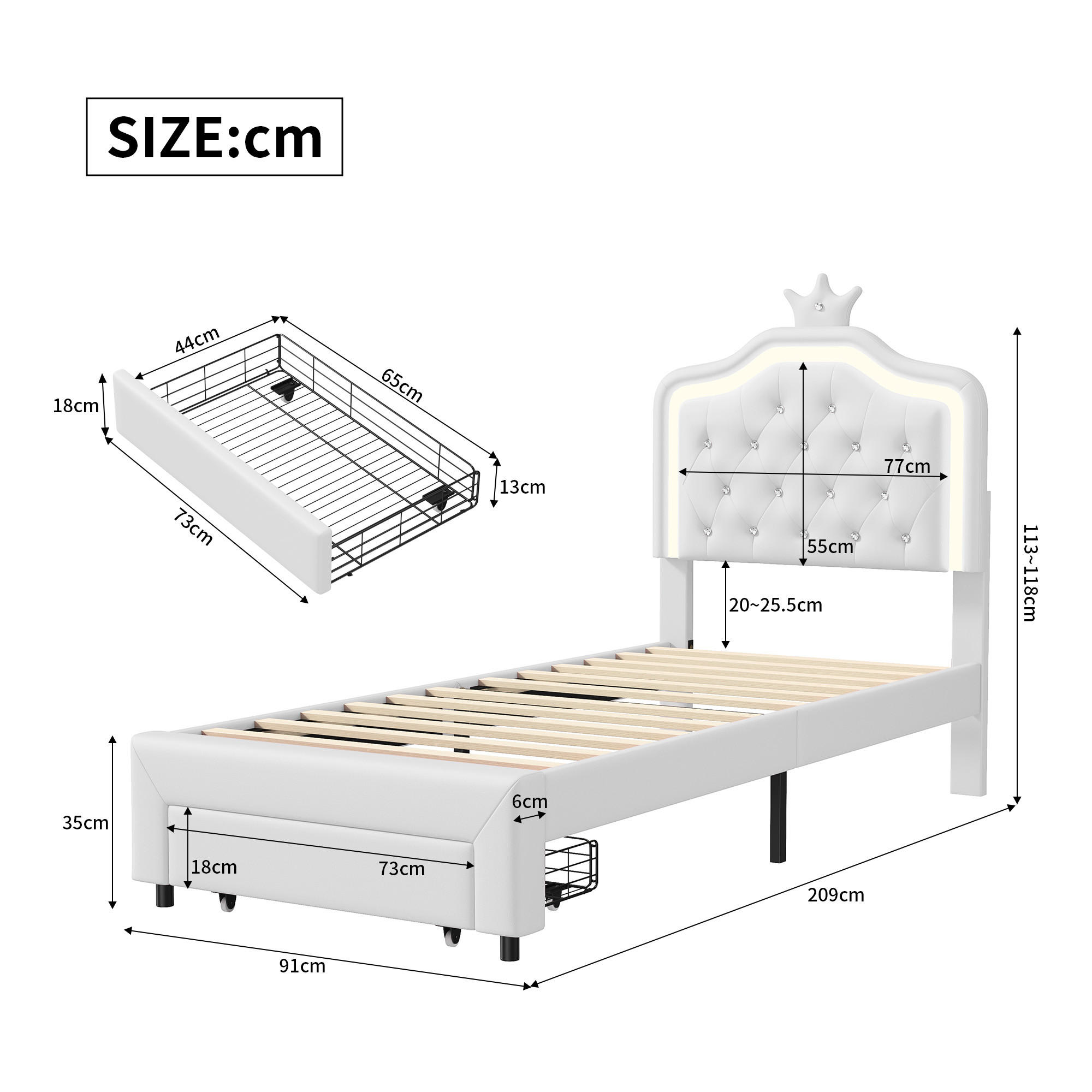 POLSTERBETT 90x200 cm, Weiß, mit LED-Leuchten & Schubladen - Weiß, Textil/Metall (90/200cm)