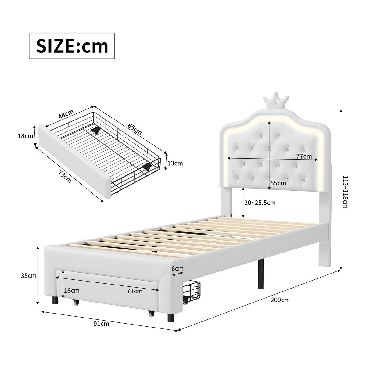 POLSTERBETT 90x200 cm, Weiß, mit LED-Leuchten & Schubladen - Weiß, Textil/Metall (90/200cm)