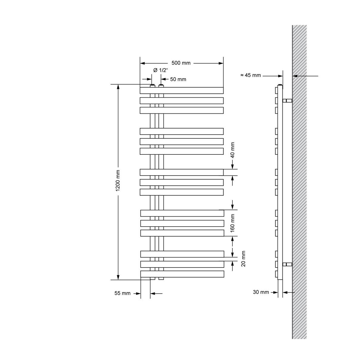 BADHEIZKÖRPER Iron EM 500x1200 mm Anthrazit mit Ventil Eckform - Anthrazit, Metall (50/120/3cm) - LuxeBath