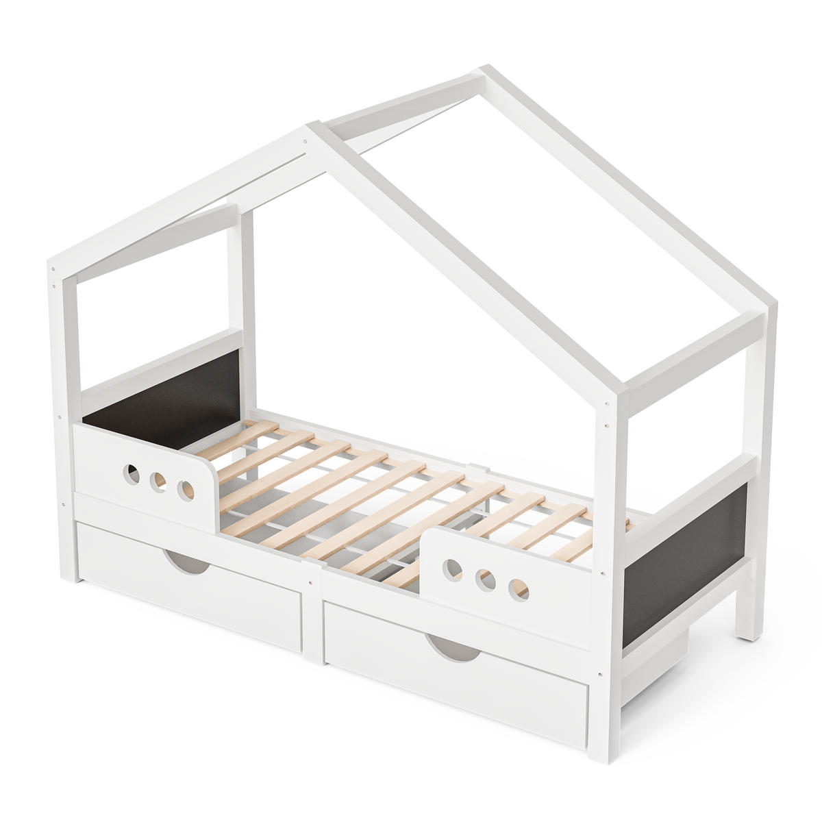 HAUSBETT mit Dachdesign 90/200 cm weiß mit 2 großen Schubladen - Weiß, Holz (90/200cm) - OKWISH