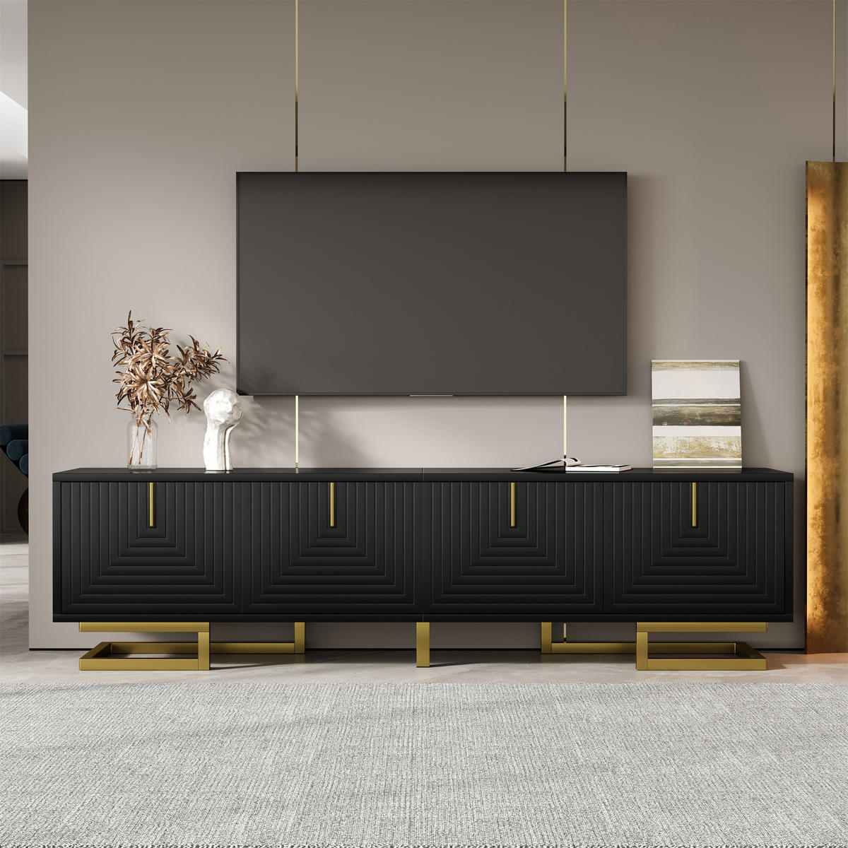 LOWBOARD in Schwarz TV-Schrank mit strukturierten Türen und goldenen Griffen für Wohnzimmer, B160/T38/H44.5 cm - Goldfarben/Schwarz, Holzwerkstoff/Metall (160/44.5/38cm) - STILVORA