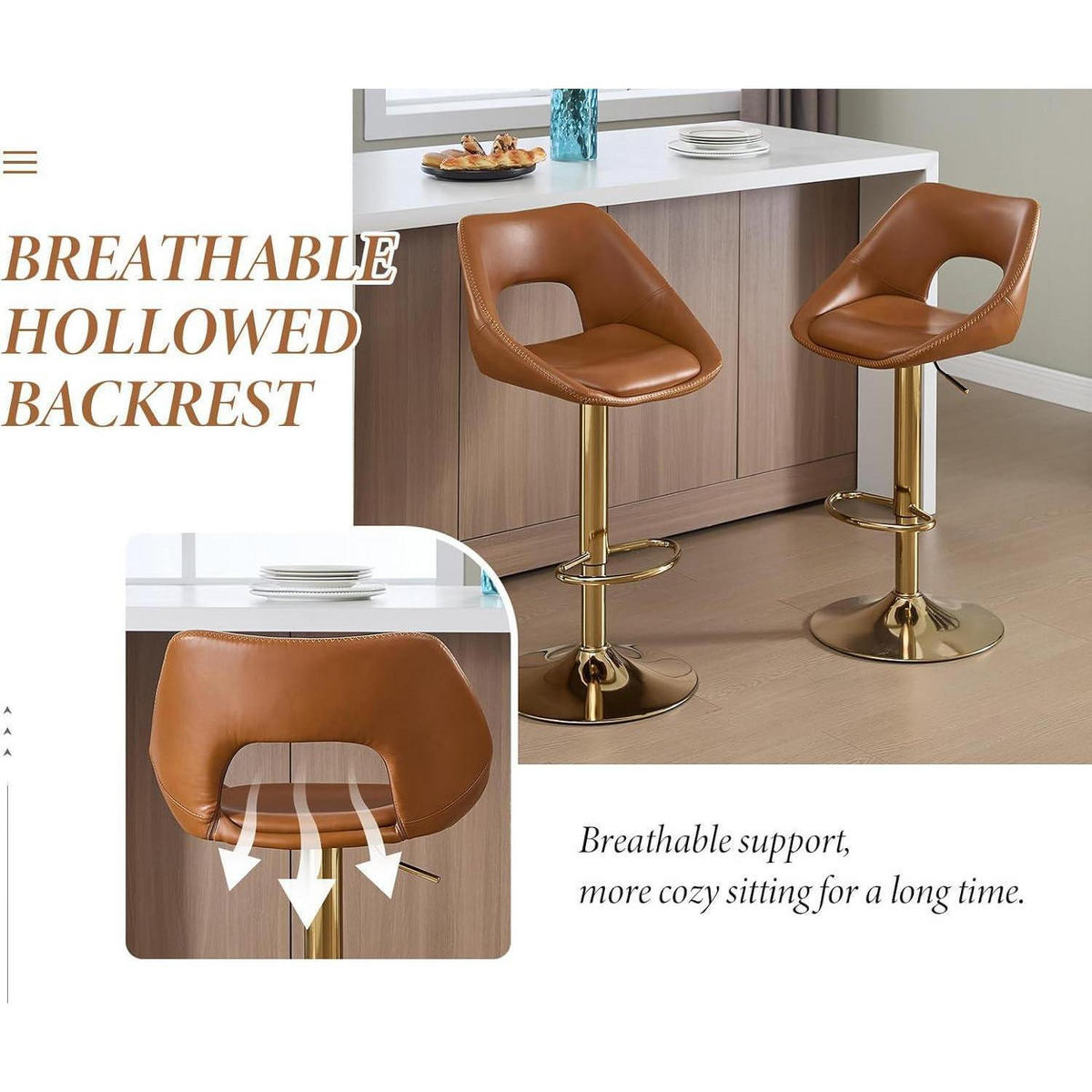 BARHOCKER 4er Set höhenverstellbar drehbar mit Rückenlehne und goldener Fußstütze, braun - Braun, Kunststoff (51/106.5/51cm)