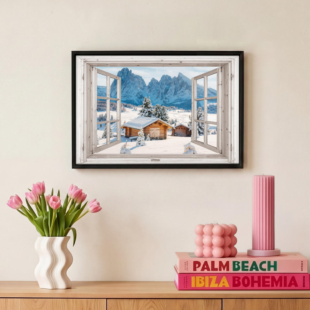 LEINWAND Bilder mit Rahmen - Winterlandschaft - Hütte - Berge - Ausblicke - Aussicht - Natur - 30x20 - Weiß Hochglanz, Textil (30/20cm) - MuchoWow