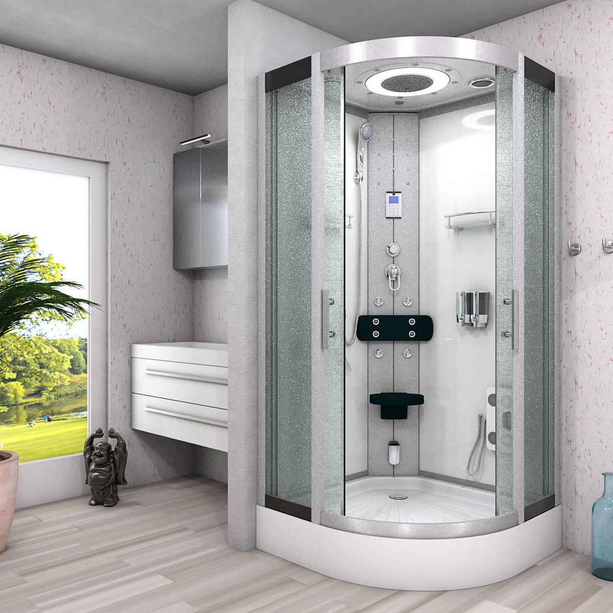 DAMPFDUSCHE Duschkabine D58-20M2-EC Weiß 100x100 - Weiß, Glas/Kunststoff (100/100/215cm) - AcquaVapore by Sandra Jentho