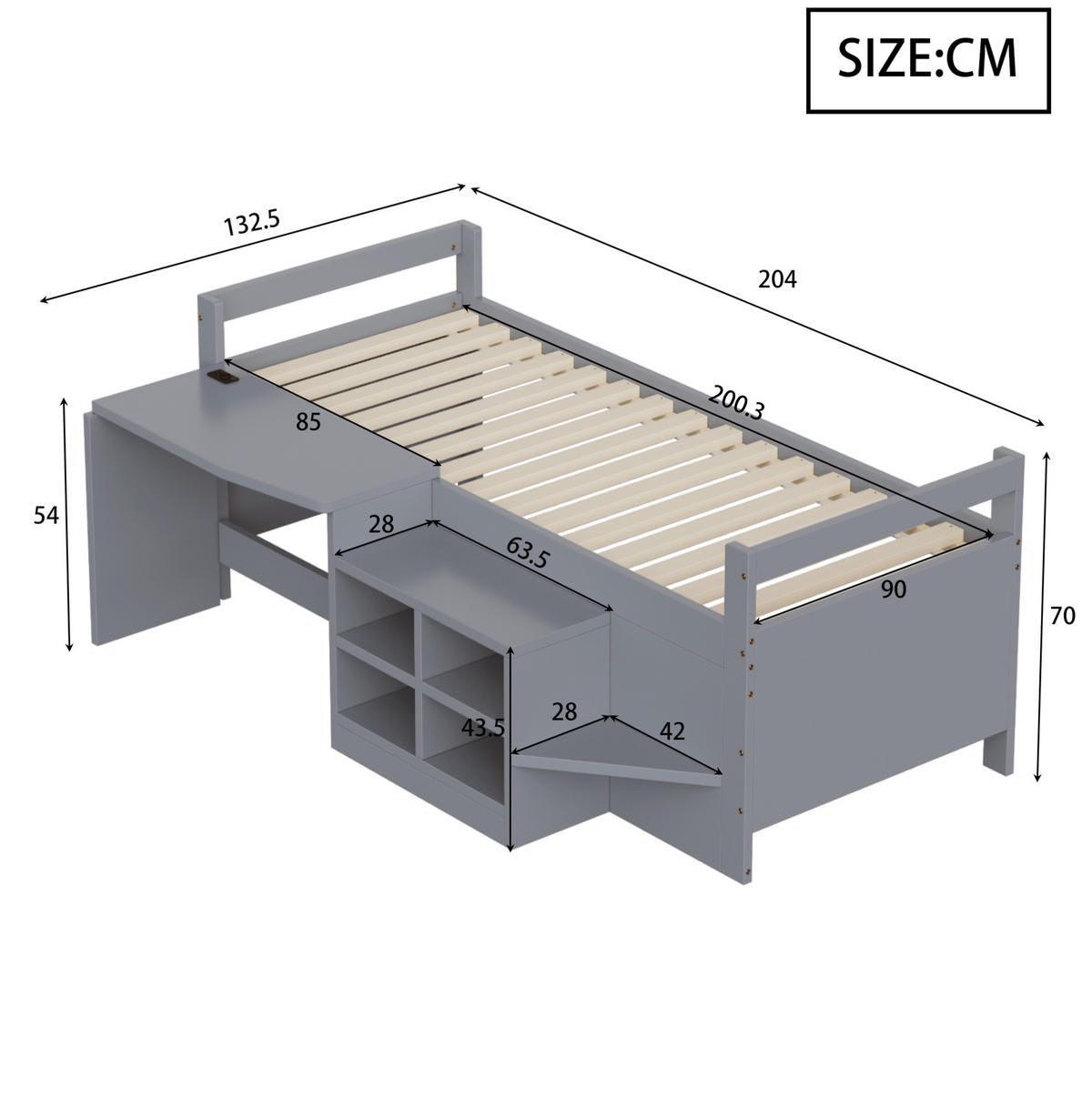 DETSKÁ posteľ 90/200 cm sivá s písacím stolom úložným priestorom a zásuvkou z dreva a MDF - sivá, kompozitné drevo (90/200cm) - OKWISH