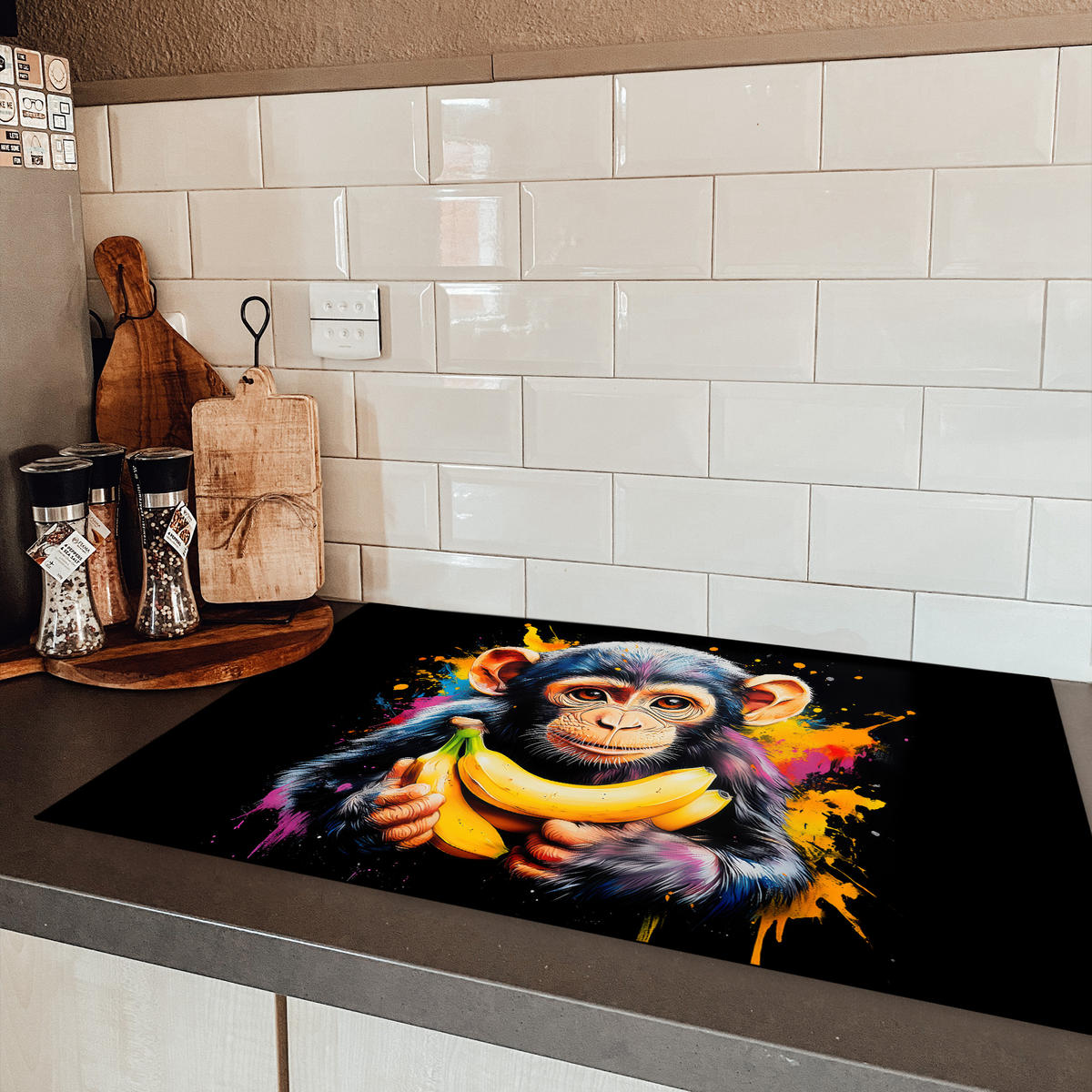 HERDABDECKPLATTE Affe - Graffiti - Farbenfroh - Bananen - Modern 81x52 cm - Gelb, Kunststoff (81.6/52.7/0.2cm) - MuchoWow