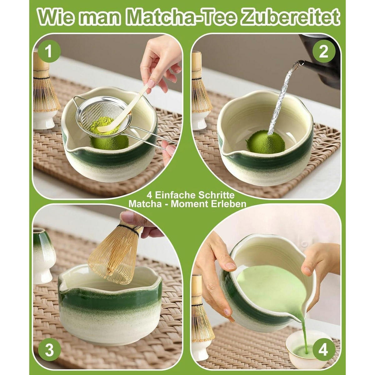 MATCHA Set 7-teilig mit Bambusbesen und Schale - Grün, Keramik (15/10/20cm)