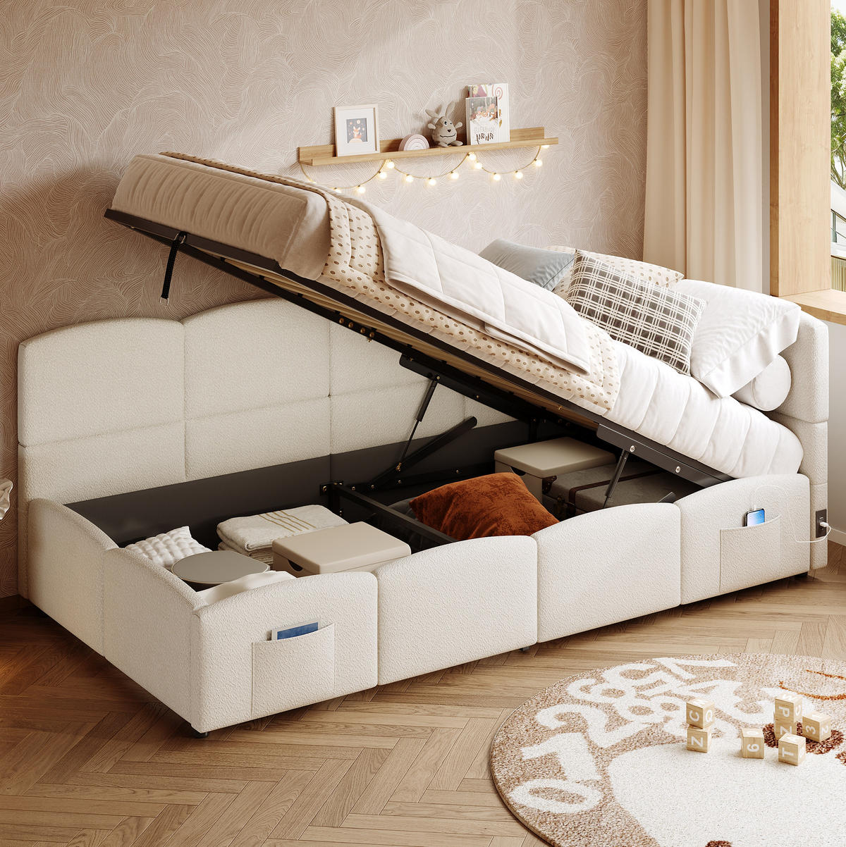 POLSTERBETT aus Schleife 90x200 cm in Beige mit Stauraum & USB - Beige, Textil (90/200cm) - Modfu