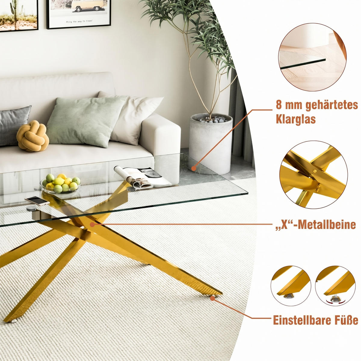COUCHTISCH DE-37412 120 cm rechteckig mit Glasplatte Gold/Transparent - Goldfarben, Metall (120/60/46cm) - ComfortXL