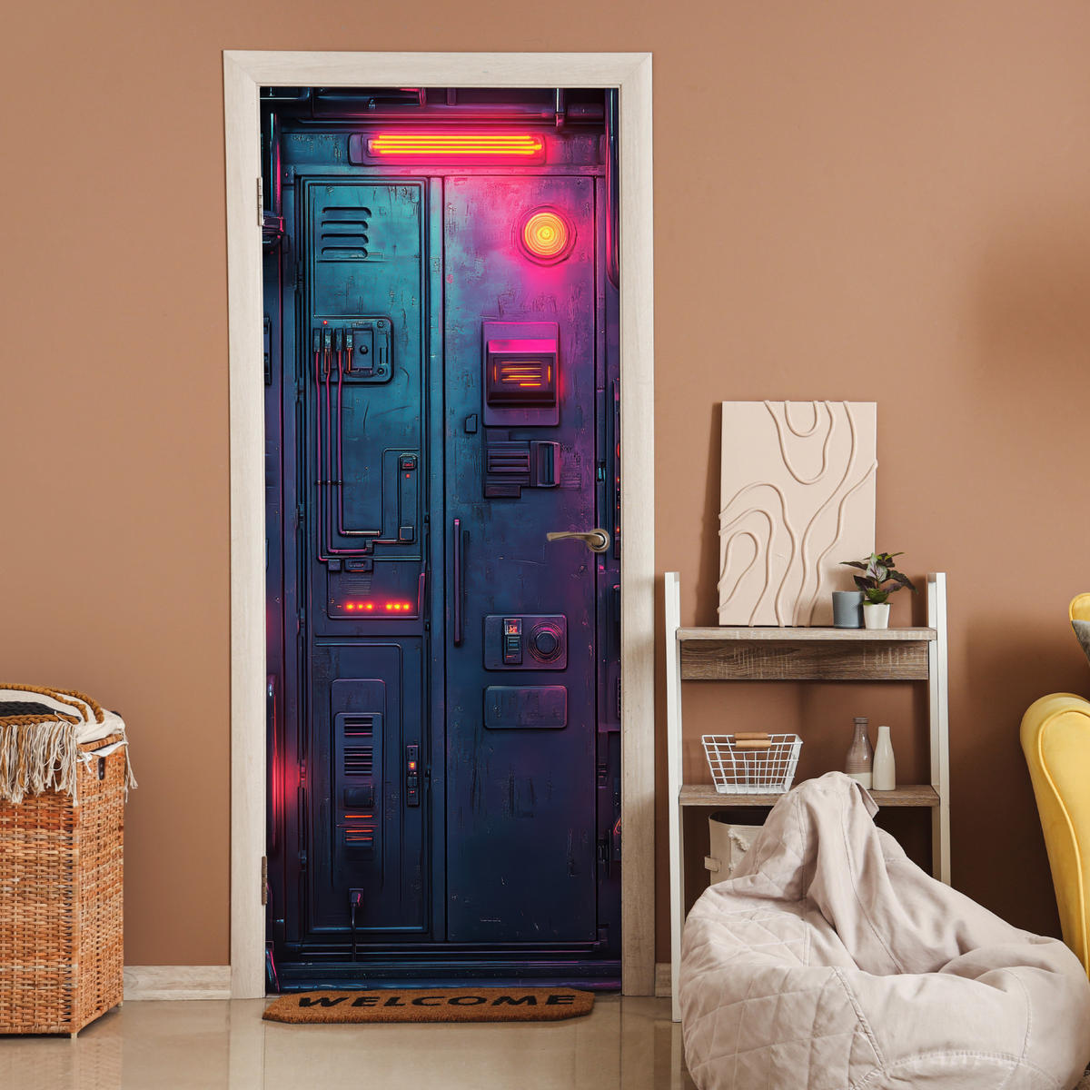 NÁLEPKA NA DVERE Dvere - futuristické - modré - ružové - neónové 80x215 cm - antracitová, plast (80/0.1cm) - MuchoWow